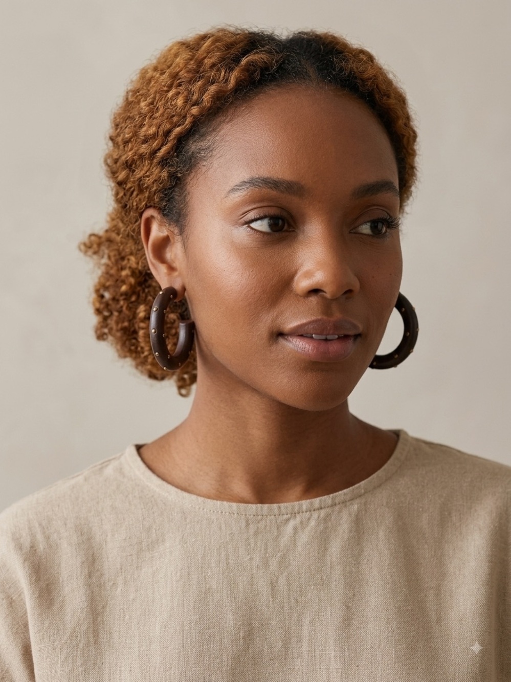 Plunder Design Dark Brown Wooden Studded Hoop Earrings NWT